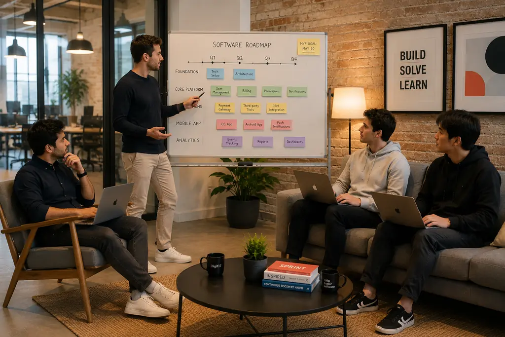 A startup product team mapping an MVP software roadmap on a whiteboard — features grouped into sprints across quarters toward an 8-week launch goal