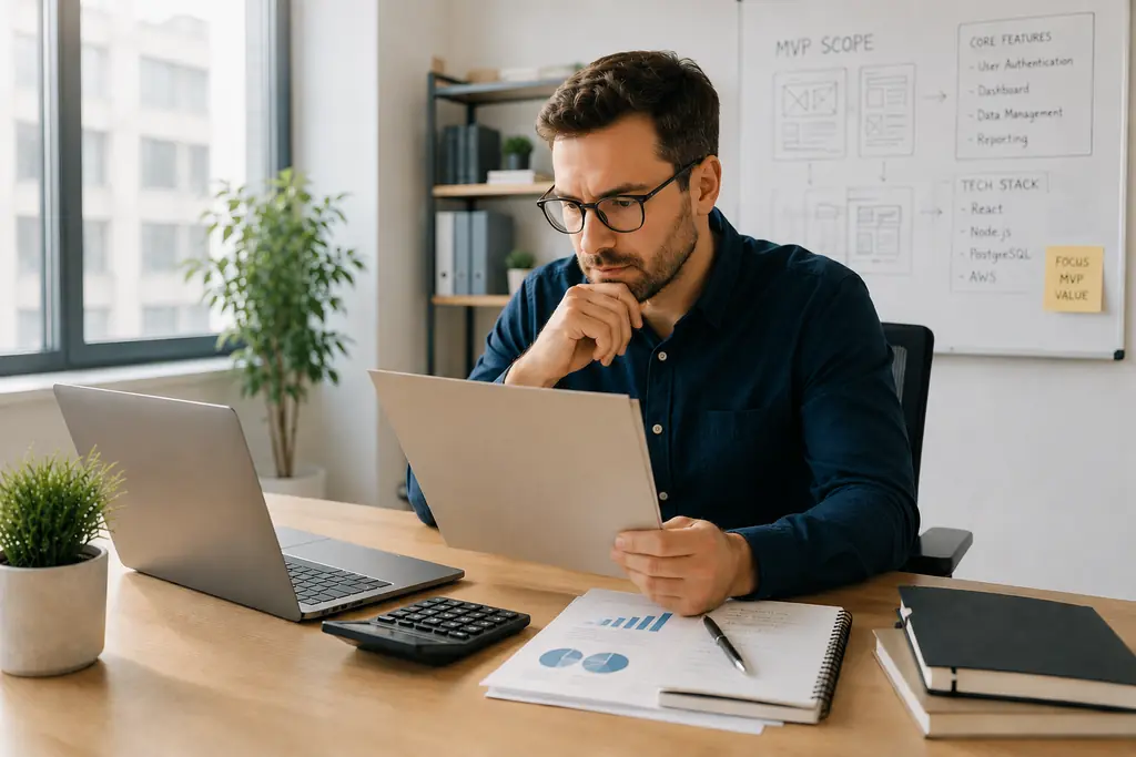 A startup founder reviewing an MVP budget and cost breakdown at a desk, with an MVP scope and tech-stack plan on the whiteboard behind